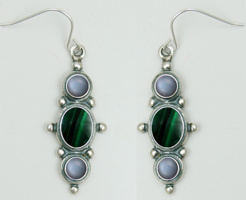 Sterling Silver Drop Dangle Earrings With Malachite And Grey Moonstone